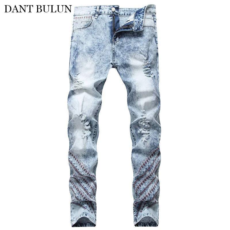 Men Jeans Homme Denim Ripped Stretch Pants Slim Fit Casual Trousers Embroidery Jeans For Men Hip Hop Pencil Pants Men Clothing