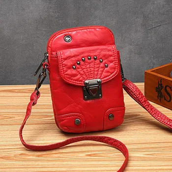 

Washed leather soft leather bag luxury designer ladies rivet coin purse mobile phone bag ladies shoulder messenger bag