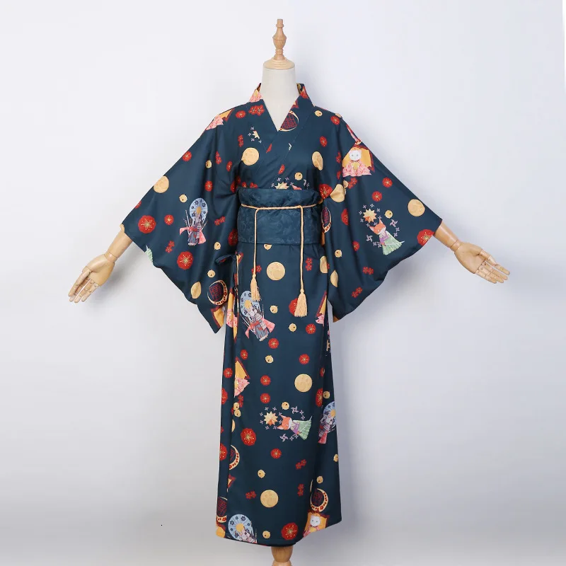 Navy Kimono Obi Женские кимоно платье японский традиционный стиль элегантные вечерние с принтом Yakata Ретро Национальный хаори год фотографии костюм - Цвет: Navy Kimono Obi