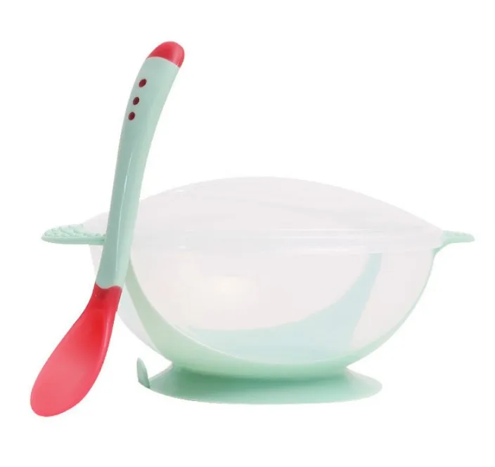 Green Bowl And Spoon Набор для кормления детей, чаша с присоской, ложка для измерения температуры, детская посуда для обучения, миска для еды, чаша для кормления детей - Цвет: Green Bowl And Spoon