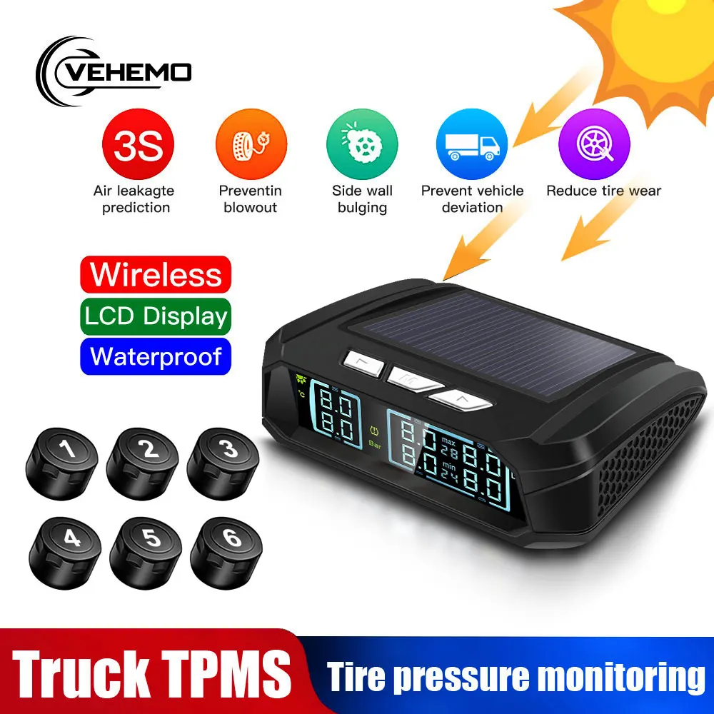 

VEHEMO Solar Power Truck TPMS Tire Temperature and Pressure Monitoring System Digital LCD Display with 6 External TPMS Sensors