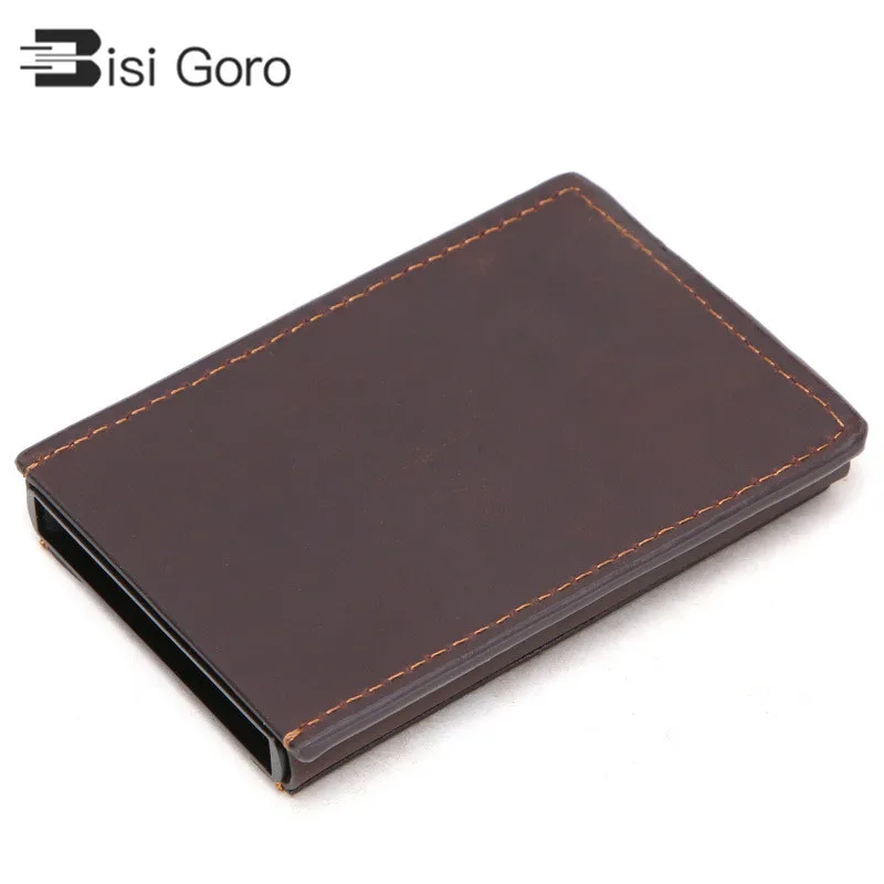 BISI GORO RFID Блокировка Авто всплывающий Алюминиевый футляр для карт памяти для мужчин и женщин держатель для кредитных карт винтажный кошелек из натуральной кожи