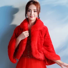 Зимняя теплая женская красная накидка из искусственного меха на свадьбу для невесты, вечерние накидки с отворотом и рукавом 3/4, утолщенные вечерние накидки с цветочным узором