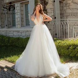 SoDigne Boho Princess Wedding Dresses V Neck Glitter Shiny Sequined Bridal Dress Sash Tulle Beach Wedding Gowns