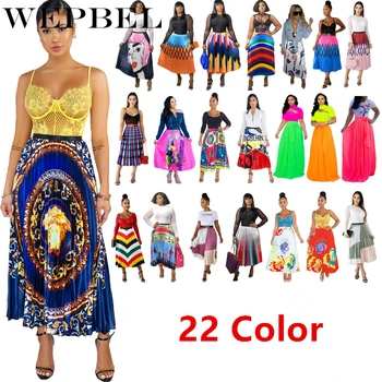 

WEPBEL Women Midi Skirt Summer Colorful Print Skirt Big Swing Pleated Skirt Urban Casual Pleated Cake Skirt