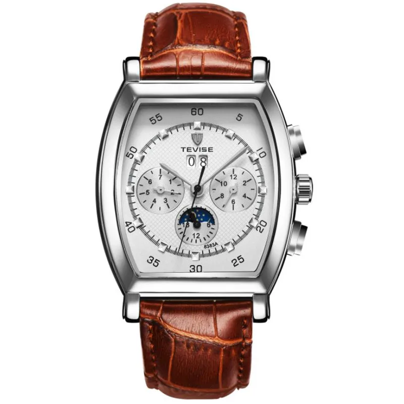 TEVISE Лидирующий бренд винтажный Прямоугольный циферблат Роскошные мужские часы кожаный ремешок автоматические механические часы бизнес мода стиль - Цвет: Silver white