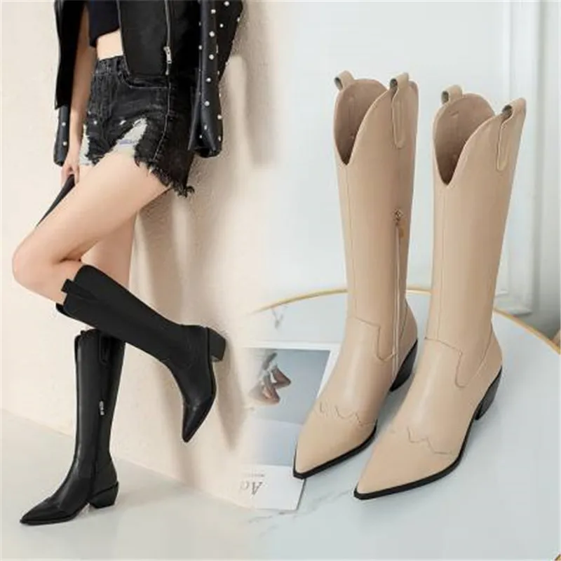 

Winter 2020 Women's Shoes Solid Color Pointed Toe Shoes Side Zipper Refined Women's Shoes Square Heel Women's Shoes Knee High