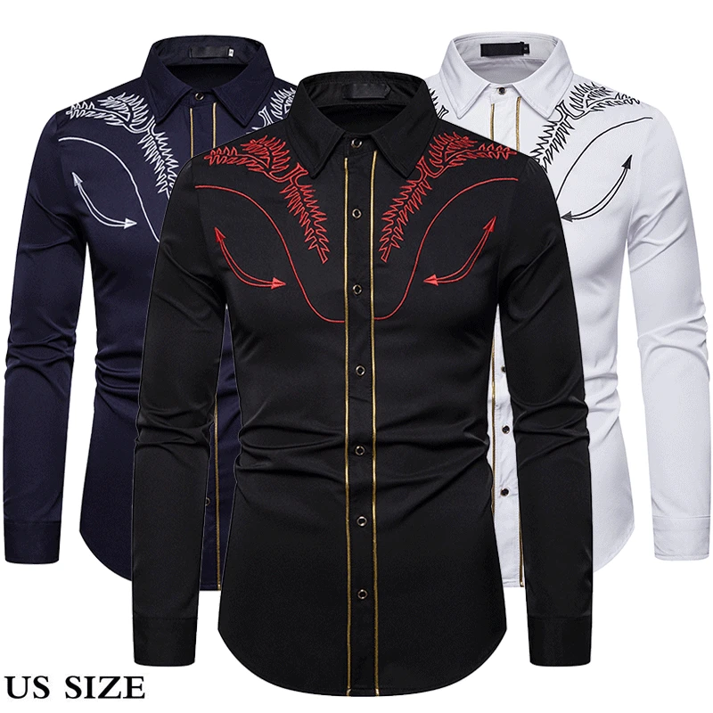 

Men's Western Cowboy Embroidered Shirt Casual Button Down Shirts Slim Fit Long Sleeve Party Shirts