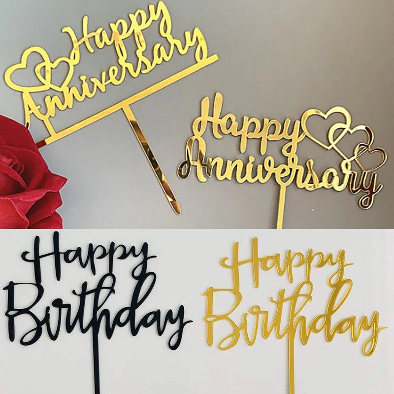 Decoration De Gateau En Or Et Noir Drapeaux De Fete D Anniversaire Pour Mariage Joyeux Anniversaire Decoration De Cupcake Fournitures De Patisserie Aliexpress