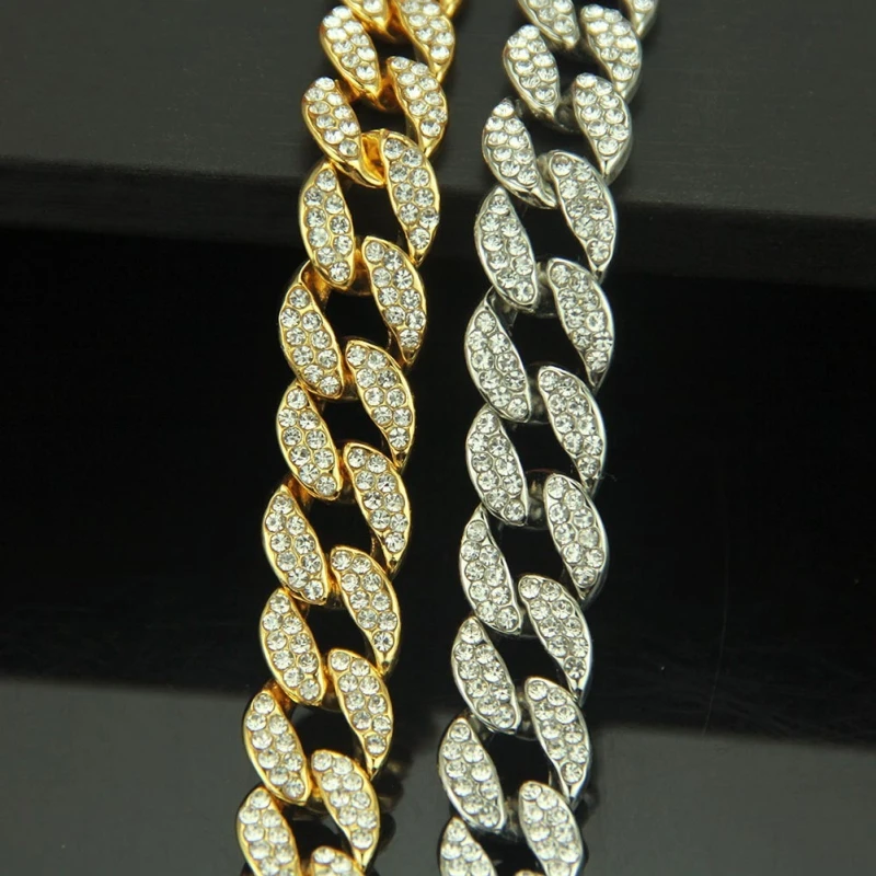 Вечерние украшения в стиле хип-хоп, ожерелье золотого цвета со льдом из кристаллов, кубинская цепочка, Золотое Серебряное ожерелье и браслет