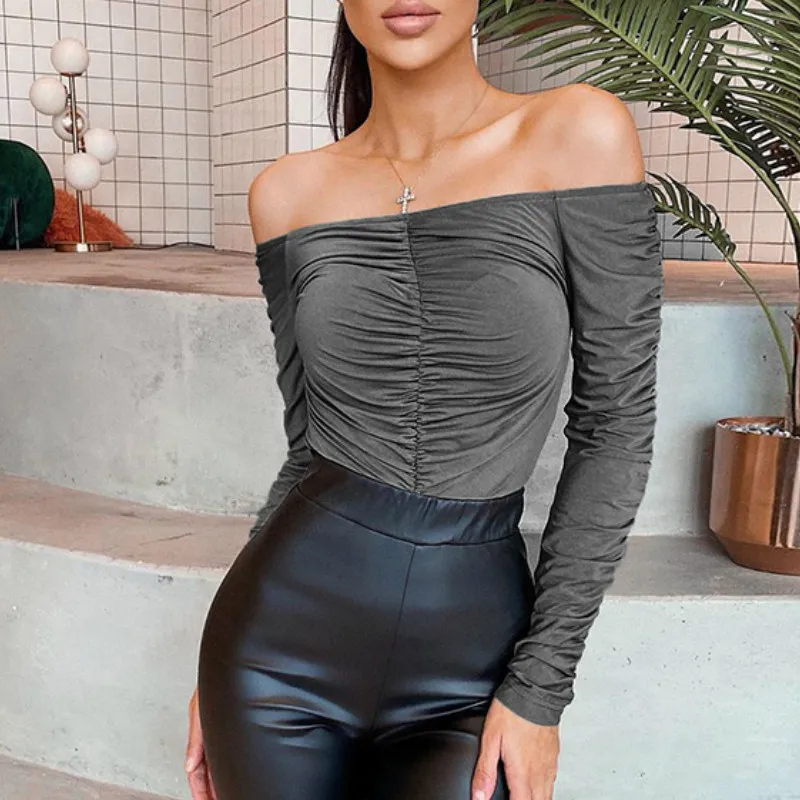 

Autumn Spring Women Bodysuit Fashion Sexy Romper Solid Ruched Pleated Slash Neck Strapless Backless Jumpsuit Club Casual Overall