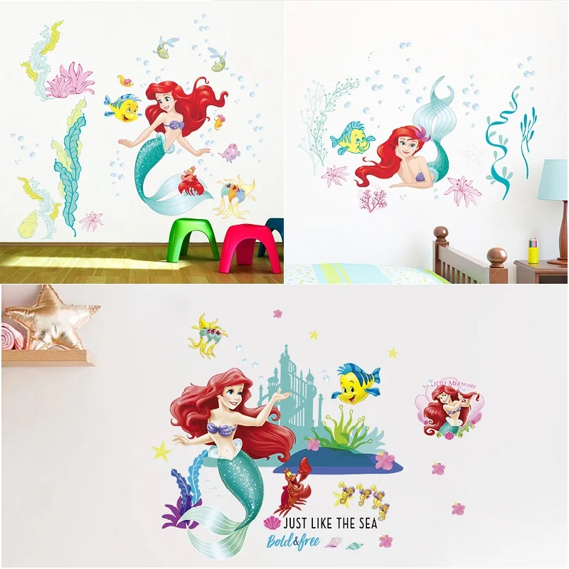 Underwater world mermaid princess Wall Stickers For Kids Room decal fairy tale Cartoon DIY Decor Mural baby Room Decoration gift