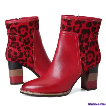 

Leopard Boots Botas mujer Pattern Splicing Genuine Leather High Square Heel Zipper Short Boots Elegant Shoes Women Winter