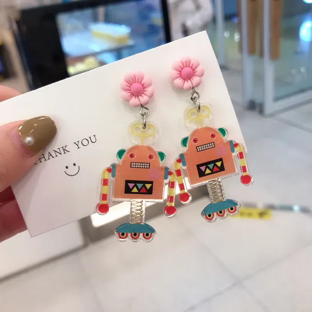 Acrylic Drop Earrings Dinosaur Robot Flower Exaggeration Transparent Creativity Dangle Earrings for Women Fashion Jewelry yellow robot