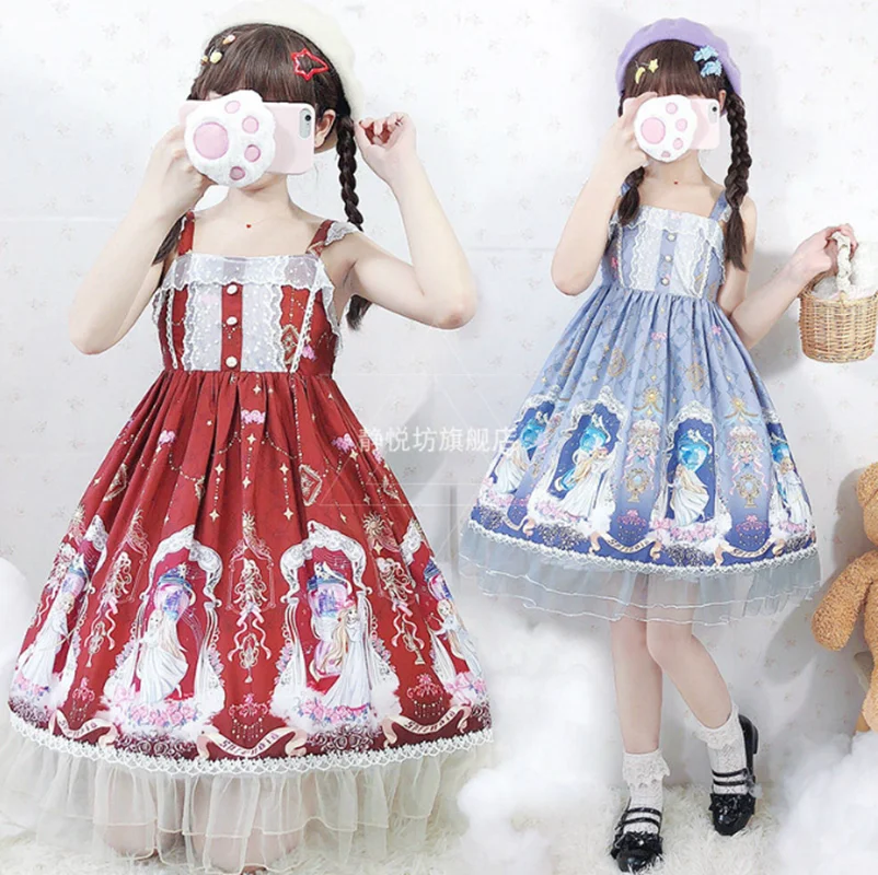 Japan style kawaii girl sweet lolita dress vintage lace cute printing high waist victorian dress loli cosplay gothic lolita jsk