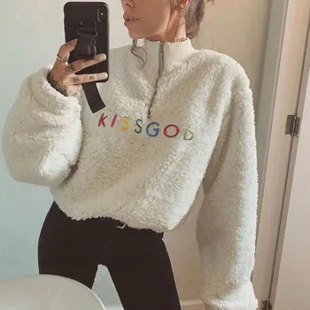 

Winter Fur Letter Embroidery Pullover Sweatshirt Streetwear Harajuku Shirt Coat Female Spliced Lamb Drawstring Sweatshirt