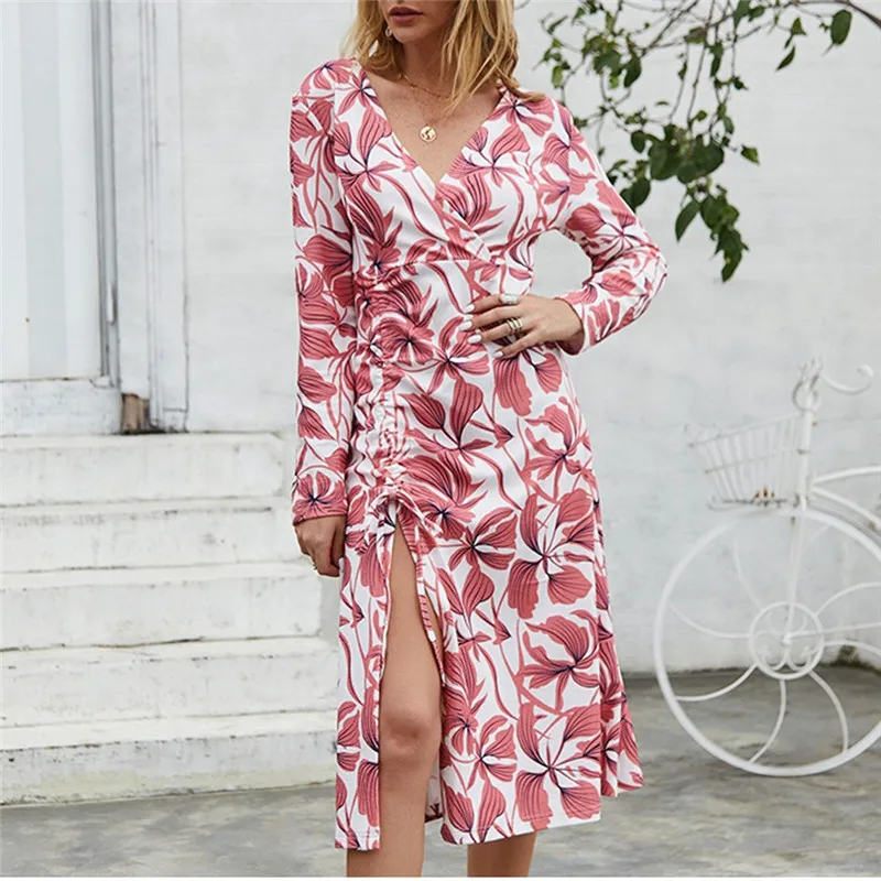 Женское платье с v-образным вырезом цветочным принтом длинным рукавом разрезом