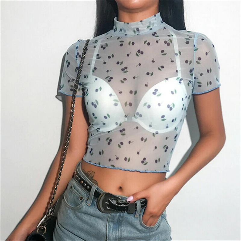 Women Blouse Summer Mesh Sheer Short Sleeve Crop Top Ladies Blouses Floral Heart Print Womens Tops And Blouses Blusas