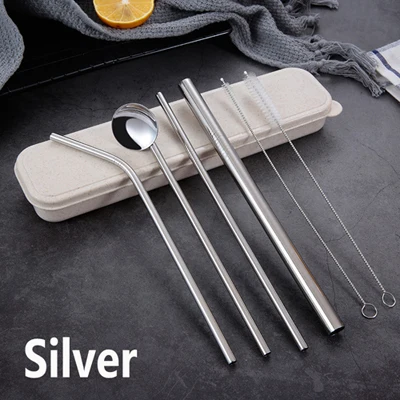 silver with box Экологически чистый набор соломинок для напитков из нержавеющей стали 3 шт. с коробкой для переноски+ 1 шт. щетка для очистки, многоразовые аксессуары для соломы - Цвет: silver with box