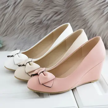 

2020 Fashion Wedges Pumps Sweet Bow Knot Women High Heels Spring Summer Slip On Dress Party Shoes Female Beige White Pink