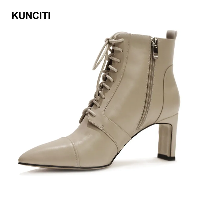 

2019 KUNCITI Pointed Toe Boots New Lace Up Boots Women High Heel Womens Ankle Boots Shoes European Genuine Leather D9111