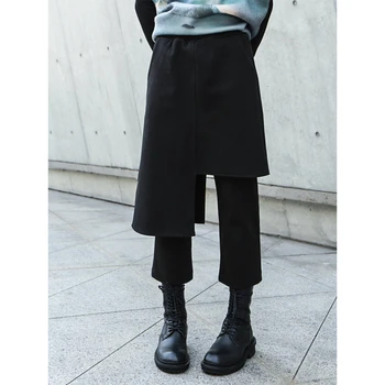 

Women Pants Thicken Warm Woolen Pants Elastic Waisted Black Calf-Length Pants Irregular Fake Two Trousers Women DG166
