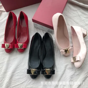 

2020 joker leather bowknot sheet metal buckle shoes female in high heels wedding shoe with thick with leather shoes