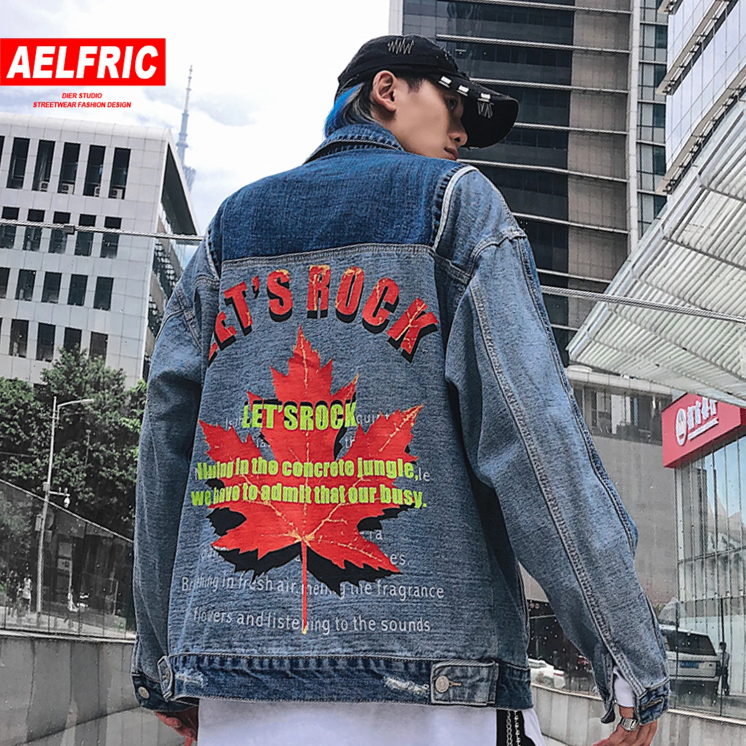 AELFRIC Кленовый лист с буквенным принтом Мужские джинсовые пальто осень Harajuku лоскутное хип хоп куртки модная повседневная верхняя одежда уличная