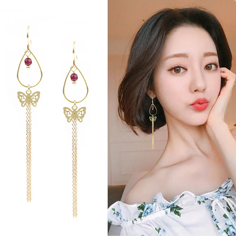 

New Bohemian Style Long Butterfly Pattern Tassel Women's Earrings Wholesale Simple Temperament Casual Party Full Matching Ear Je