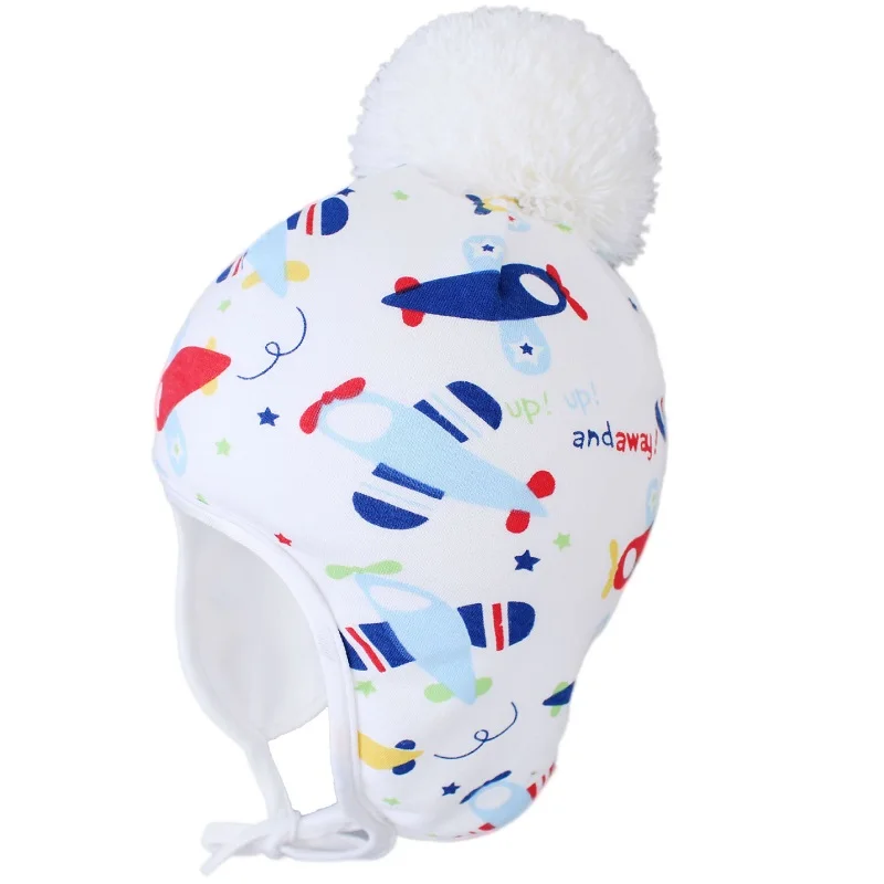 

2019 Baby Cap Jersey Cotton Print Ear Protective Kids Hat For Girls Boys Winter Pompom Baby Hat New Children Hats