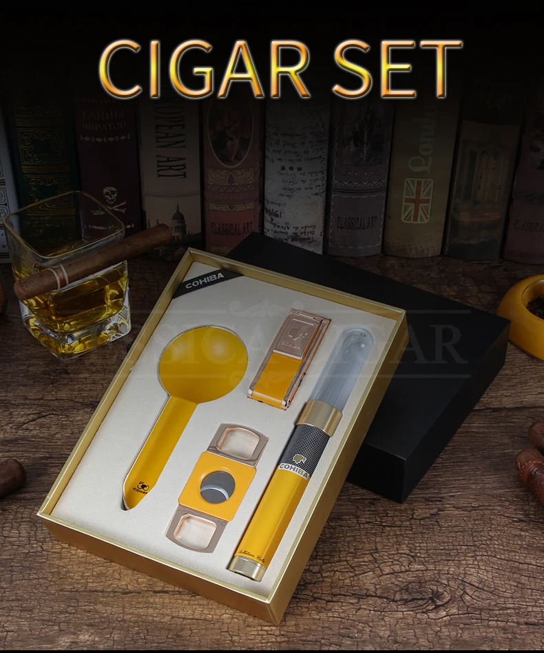 COHIBA сигарный набор 2 струйный фонарь зажигалки металлический резак для сигар острый Карманный дорожный Humdior дорожная сигарная пепельница W/подарок