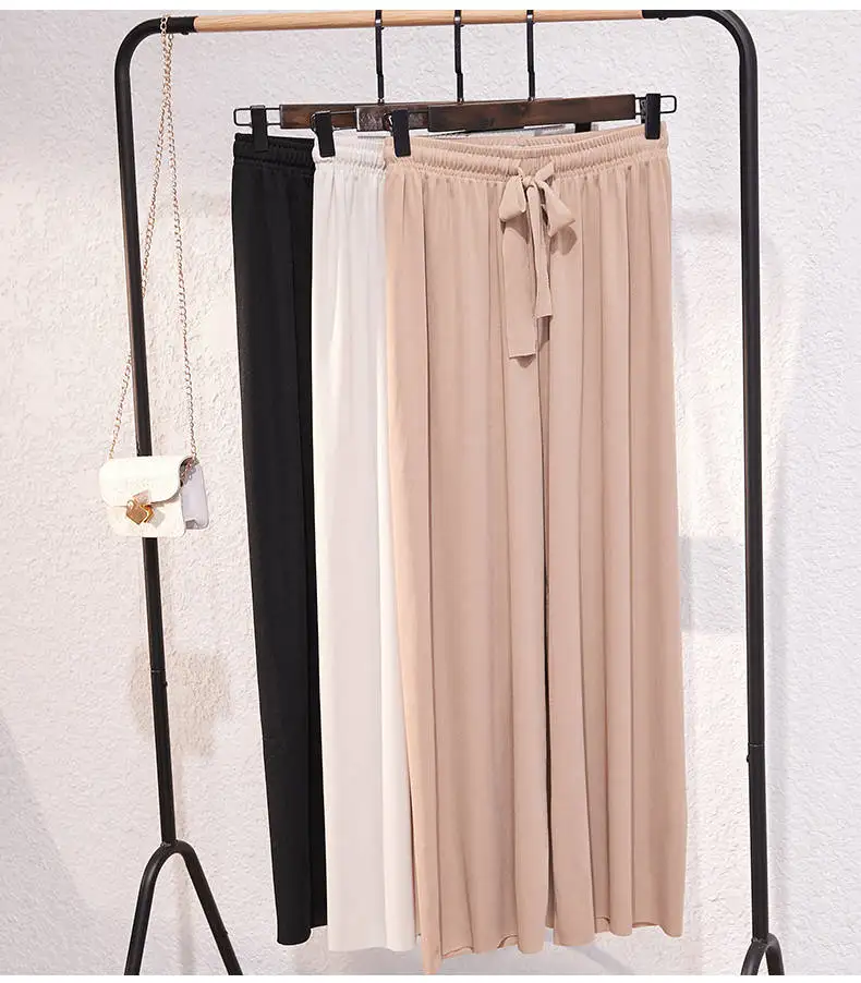 

Women Summer Thin Knit Trousers Black Wide Leg Loose Pants Ankle Length Pants Casual trouser Elastic Waist Plus Size Pants G1419