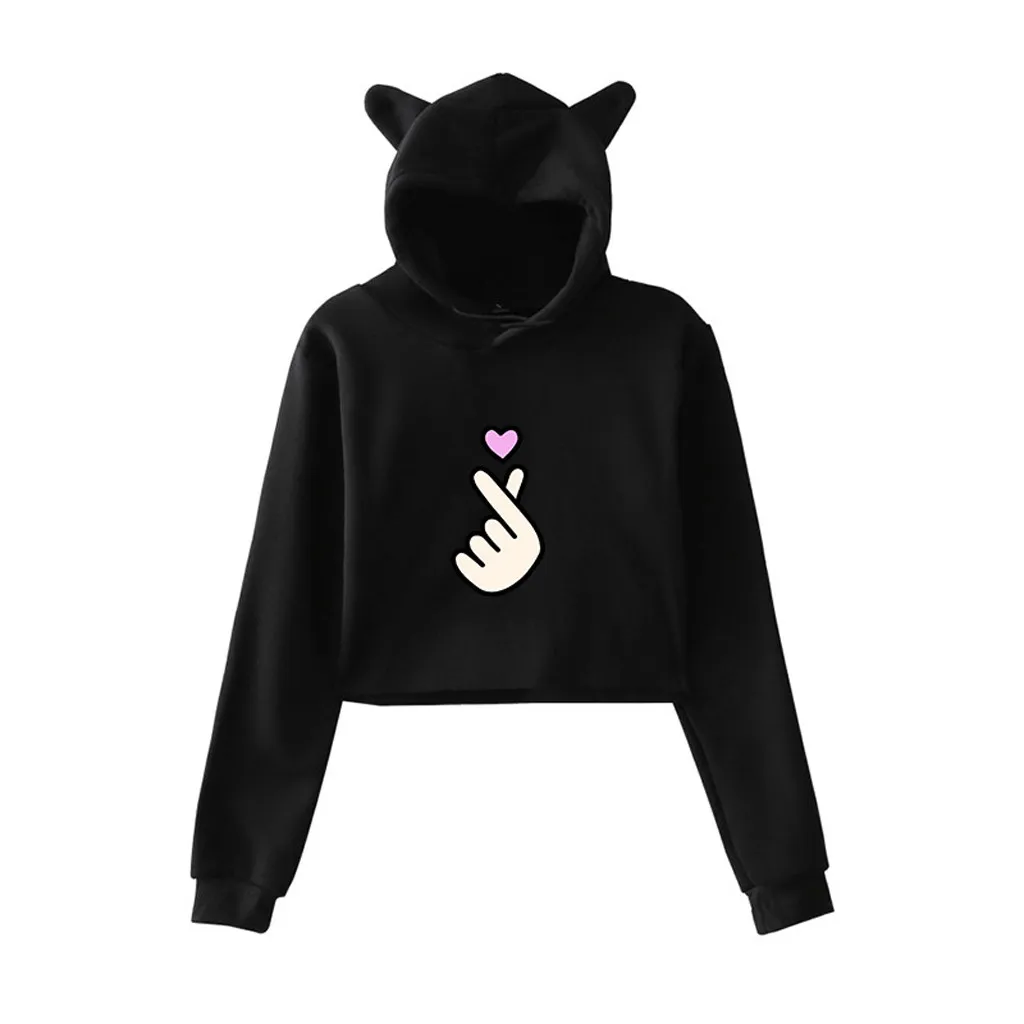 Женская толстовка с длинным рукавом кошачьими ушками капюшоном принтом