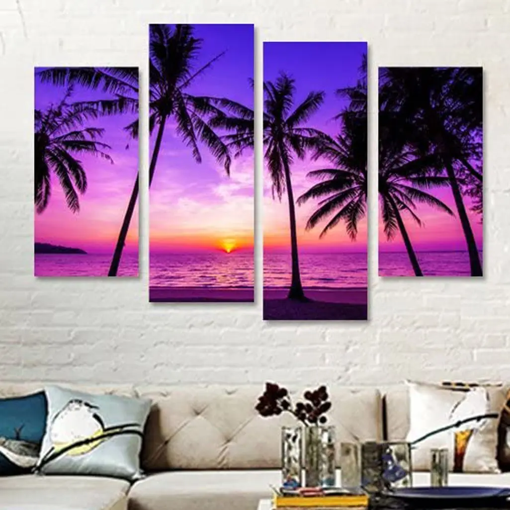 

No Framed 4 Pcs Tropical Palm Purple Sunset Wall Art Canvas Poster Picture Print Paintings Home Decor for Living Room Decoration