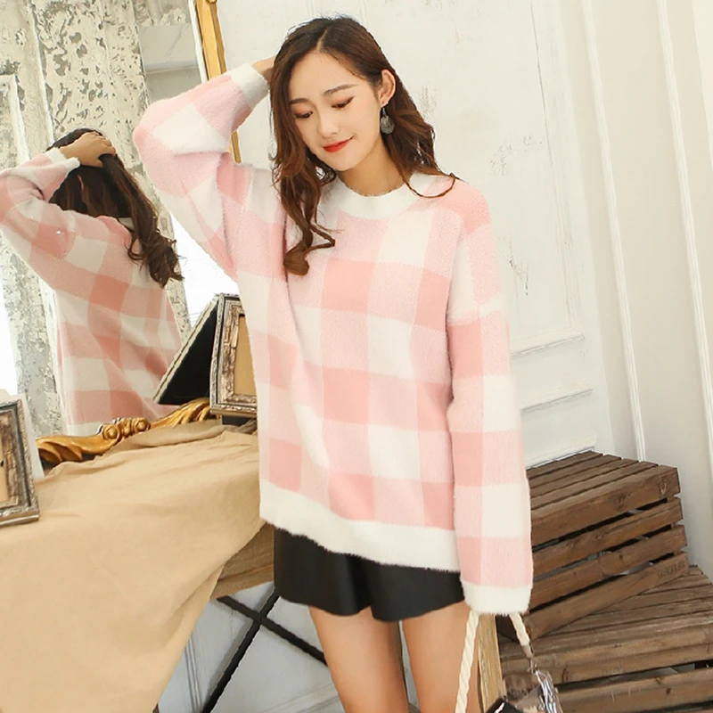 2019 Autumn Winter Thick Wool Sweater Women Round Neck Plaid Loose Pullover Casual O-Neck Long Sleeve Pink Gray Blue Green Top 2019 Autumn Winter Thick Wool Sweater Women Round Neck Plaid Loose Pullover Casual O-Neck Long Sleeve Pink Gray Blue Green Top
