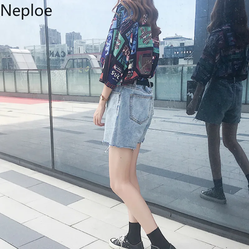 Neploe/Женские топы в стиле хип-хоп с принтом; Повседневная блуза с отложным воротником и коротким рукавом; сезон лето; свободный высокий уличный стиль; женские рубашки; 43893