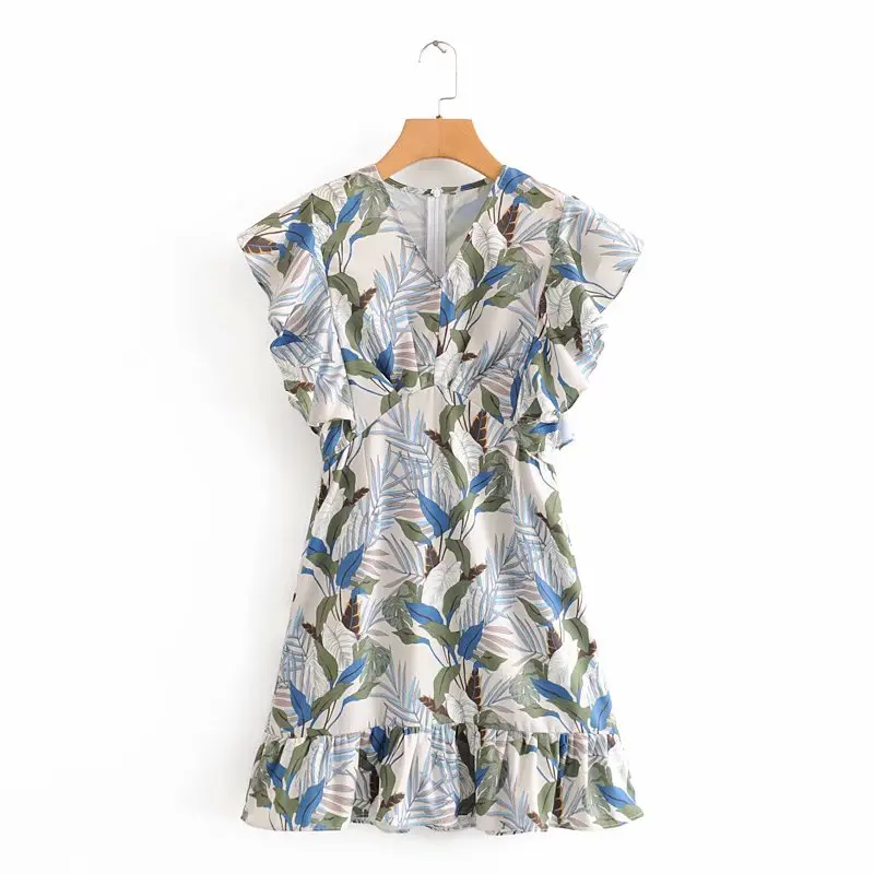 2020 New women summer v neck print casual slim mini dress femme butterfly sleeve vestido chic ruffles back zipper dresses DS3599 2020 New women summer v neck print casual slim mini dress femme butterfly sleeve vestido chic ruffles back zipper dresses DS3599