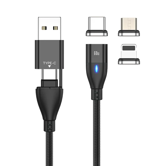 AUFU 6 in 1 60W PD Fast Charger Cable USB C To Type C Micro Magnetic Data Cables for iPhone Charging Wire for Macbook laptop Black with 3plugs