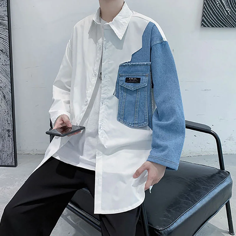 

Men Shirt Top Boys' Autumn Fashion Korean Casual Loose High Street Denim Splicing Long Sleeve Camisa Streetwear Chemise Homme