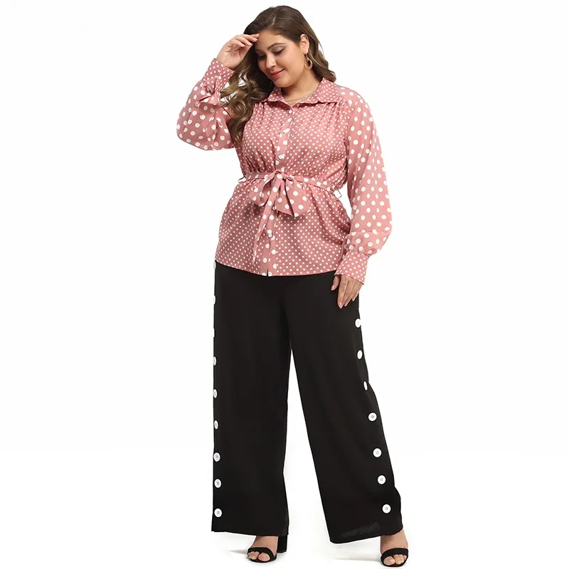 Элегантные розовые шифоновые блузки в горошек для женщин, с длинным рукавом и поясом, приталенные топы размера плюс 4XL 5XL, повседневные женские рубашки блузки и рубашки женские Блузка женская блузки для женщин - Цвет: 03 Set