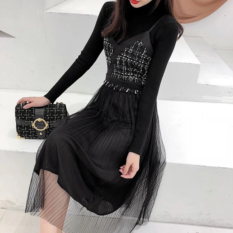 two set Комплект из 2 предметов, женское платье и свитер, костюм, одежда для офиса, женский костюм, Сетчатое платье на тонких бретелях, длинный вязаный свитер с высоким воротом - Цвет: two set