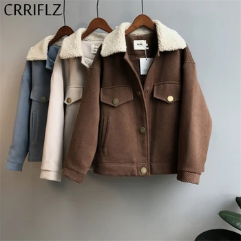 

CRRIFLZ 2020 New Short Lambswool Jacket Parka Women Solid Winter Warm Turn Down Collar Thicken Parka Coat