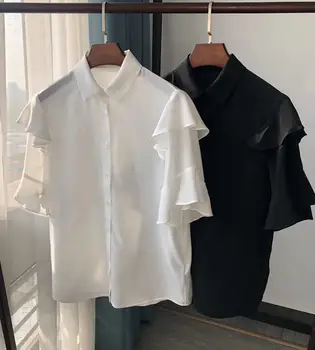

100% Silk ruffle women shirt Solid color Elegant temperament wild short-sleeved shirt tops