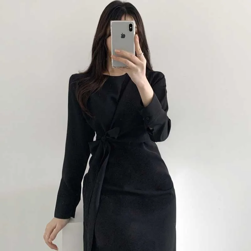 2020 Elegant One-Piece Women Long Sleeve Dress Spring Autumn Fashion Korean Vintage Bandage Waist Dress Ladies Office Dresses