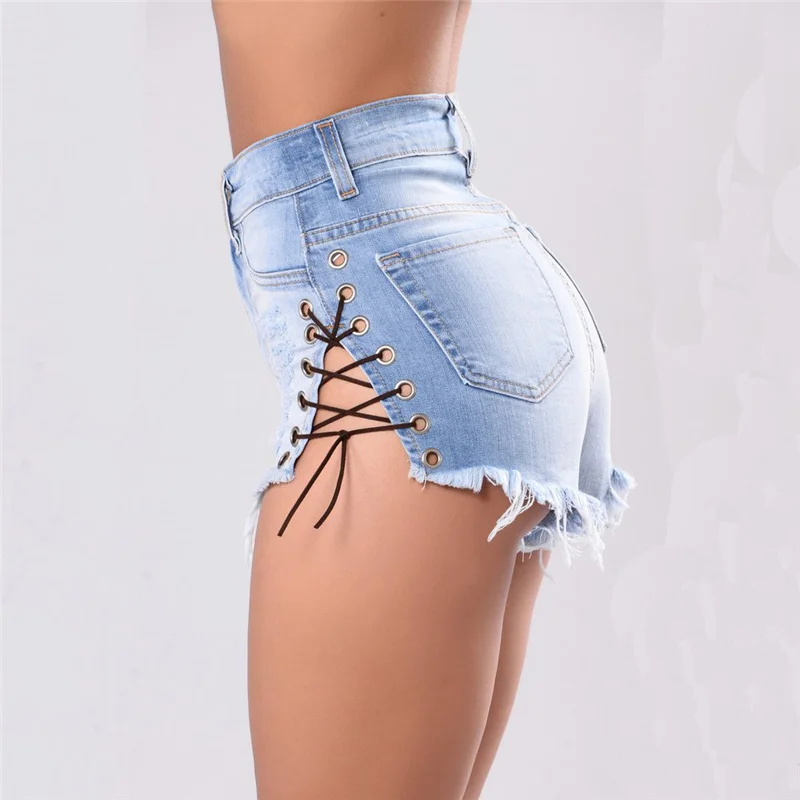 Vintage Ripped Hole Fringe Blue Denim Shorts Women Lace Up Casual Pocket Jeans Shorts 2021 Summer Women High Waist Fashion Jeans
