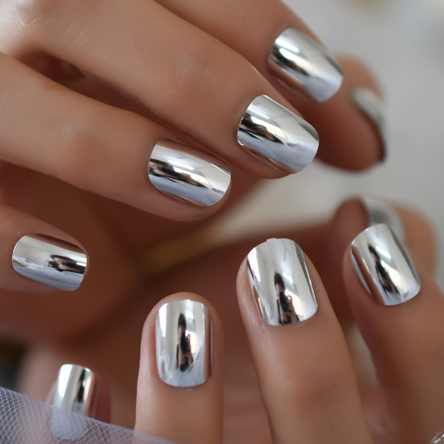 Punk Rock Style Metallic Pastel Purple Fake False Nails Metal Plating Acrylic Short Mirror Press on Nail Art Tips
