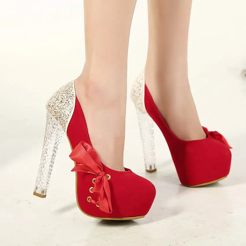 

2019 Spring And Summer New Style Crystal Chunky High Heel WOMEN'S Shoes Waterproof Platform Suede Joint Sequin Ribbon Europe And