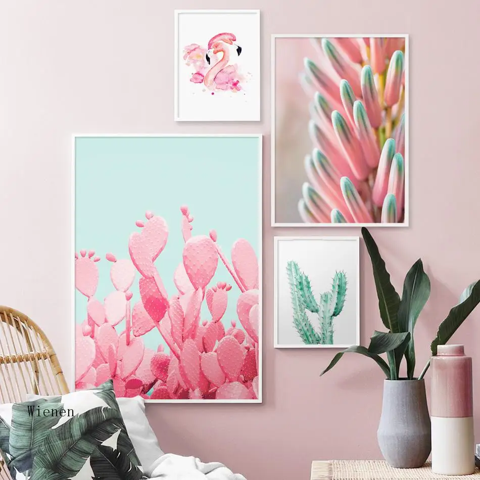 

Pink Cactus Landscape Wall Art Canvas Painting Nordic Flamingo Flower Posters and Prints Wall Pictures for Living Room Art Decor