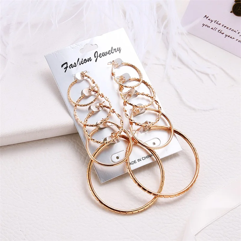 Oversize Gold Color Big Circle Hoop Earrings Set for Women Vintage Steampunk Ear Clip Wedding Party Jewelry Gift 2019 Wholesale
