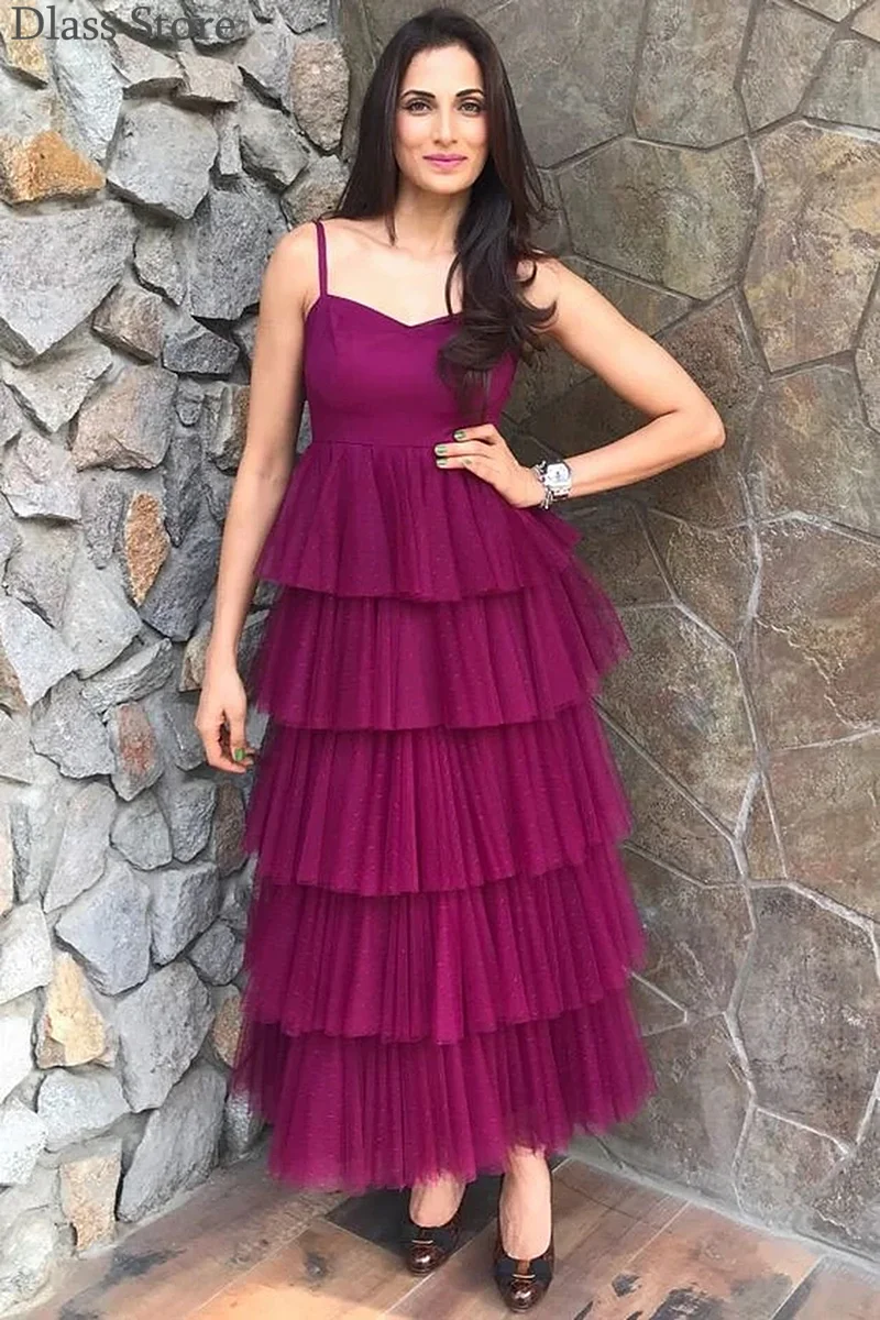 

Grape Purple Evening Dress Tiered Layers A-line Homecoming Party Spaghetti Strap V-neck Ankle Length Prom Dress robe de soiree